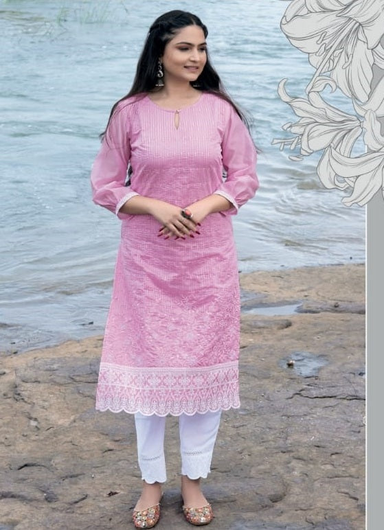 Pink Chanderi Cotton Kurta with lace work Pant
