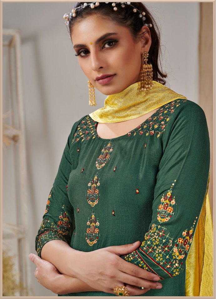 Green Fancy Wear Kurti with Yellow Gharara and Dupatta