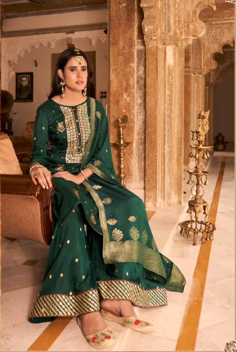 Green Jacquard Silk Kurta with Sharara and Dupatta