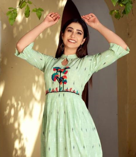 Seafoam Green Rayon Kurti with Hand Embroidery