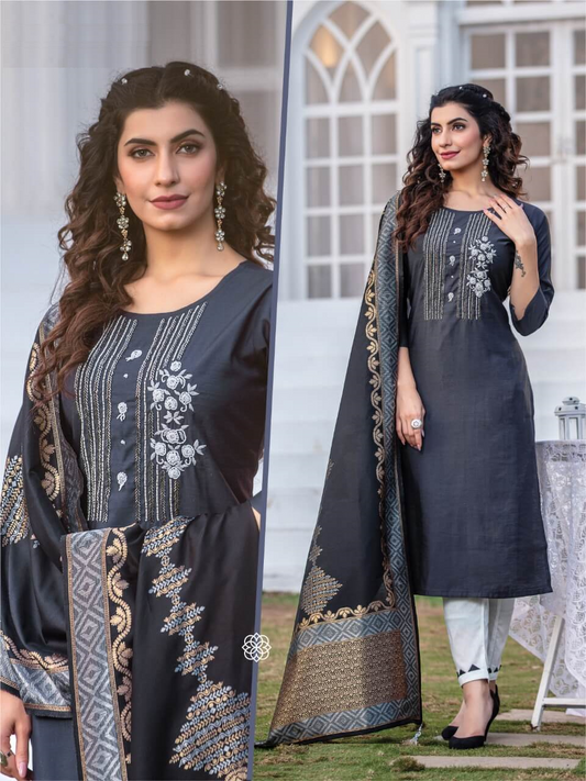 Grey Rayon Sarkar Silk Kurta with Bottom and Dupatta