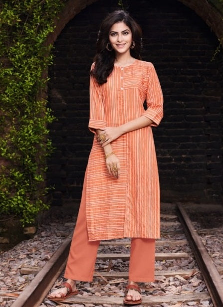 Orange Cotton Striped Kurta with White Pant