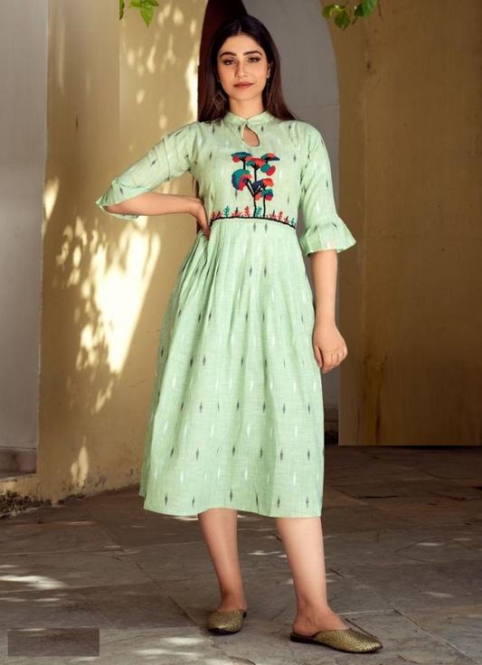Seafoam Green Rayon Kurti with Hand Embroidery