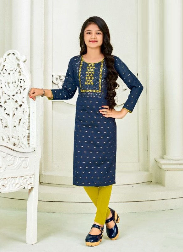 Girls - Blue Chanderi Silk Straight Kurti