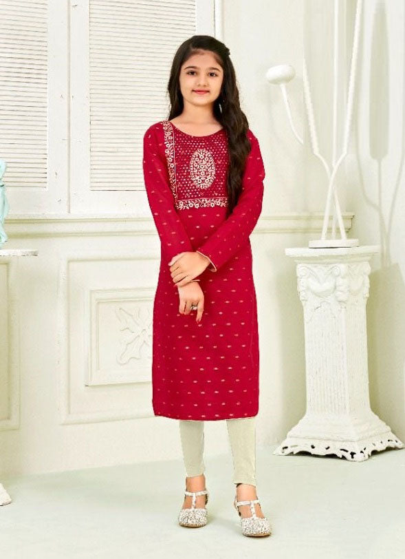 Girls - Red Chanderi Silk Straight Kurti