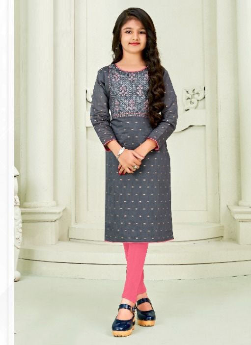 Girls - Grey Chanderi Silk Straight Kurti