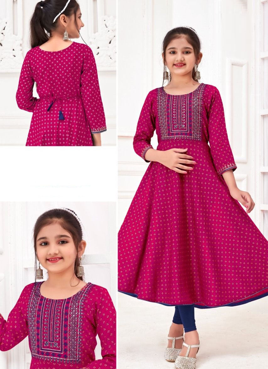 Girls - Pink Rayon Printed Anarkali Kurti