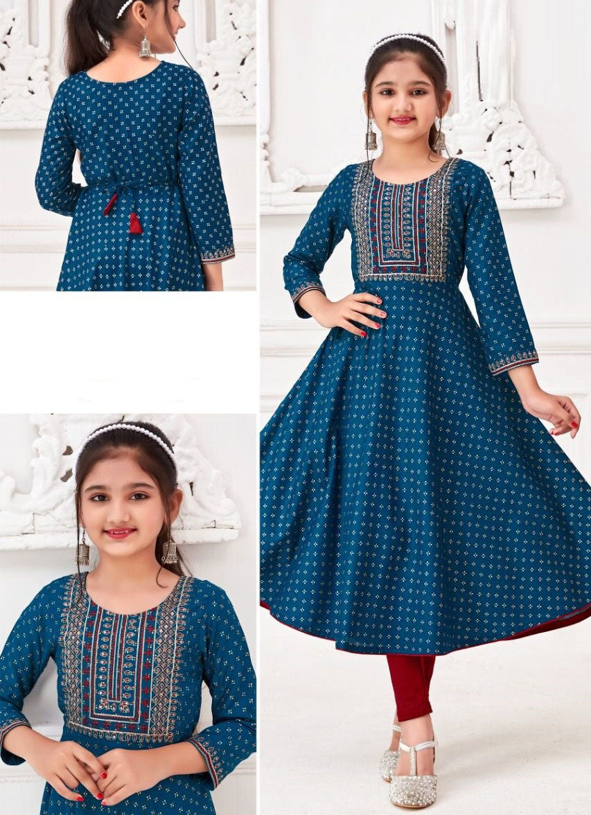 Girls - Blue Rayon Printed Anarkali Kurti