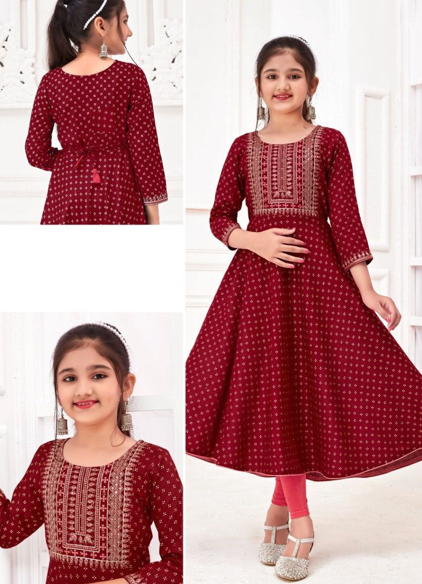 Girls - Red Rayon Printed Anarkali Kurti