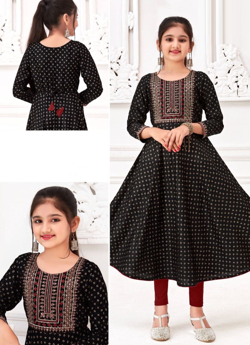 Girls - Black Rayon Printed Anarkali Kurti