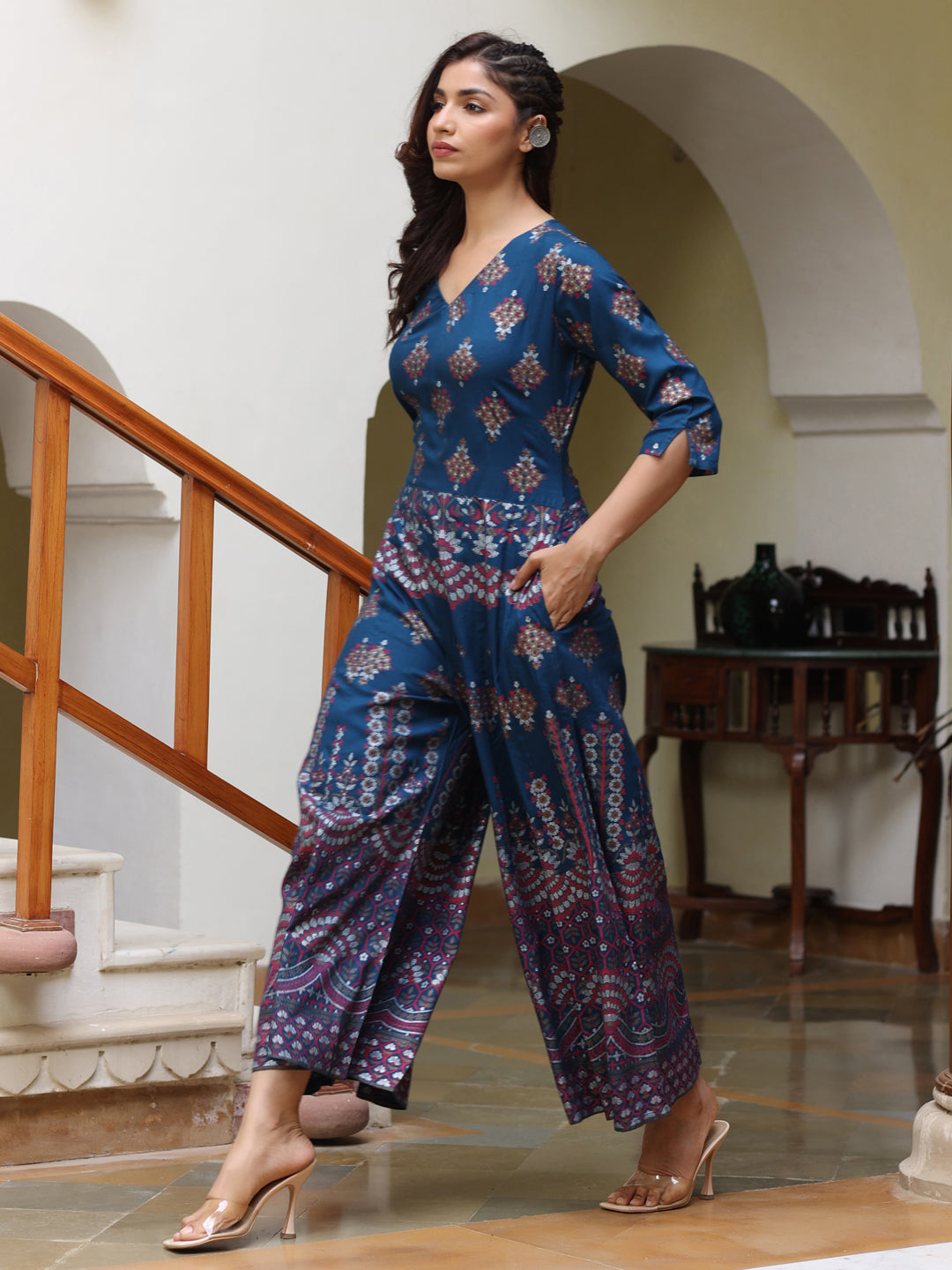 Teal Blue Foil Print Rayon Jumpsuit