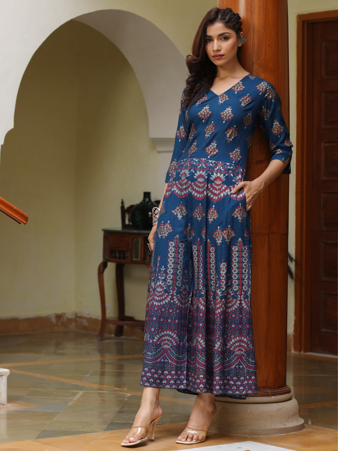 Teal Blue Foil Print Rayon Jumpsuit