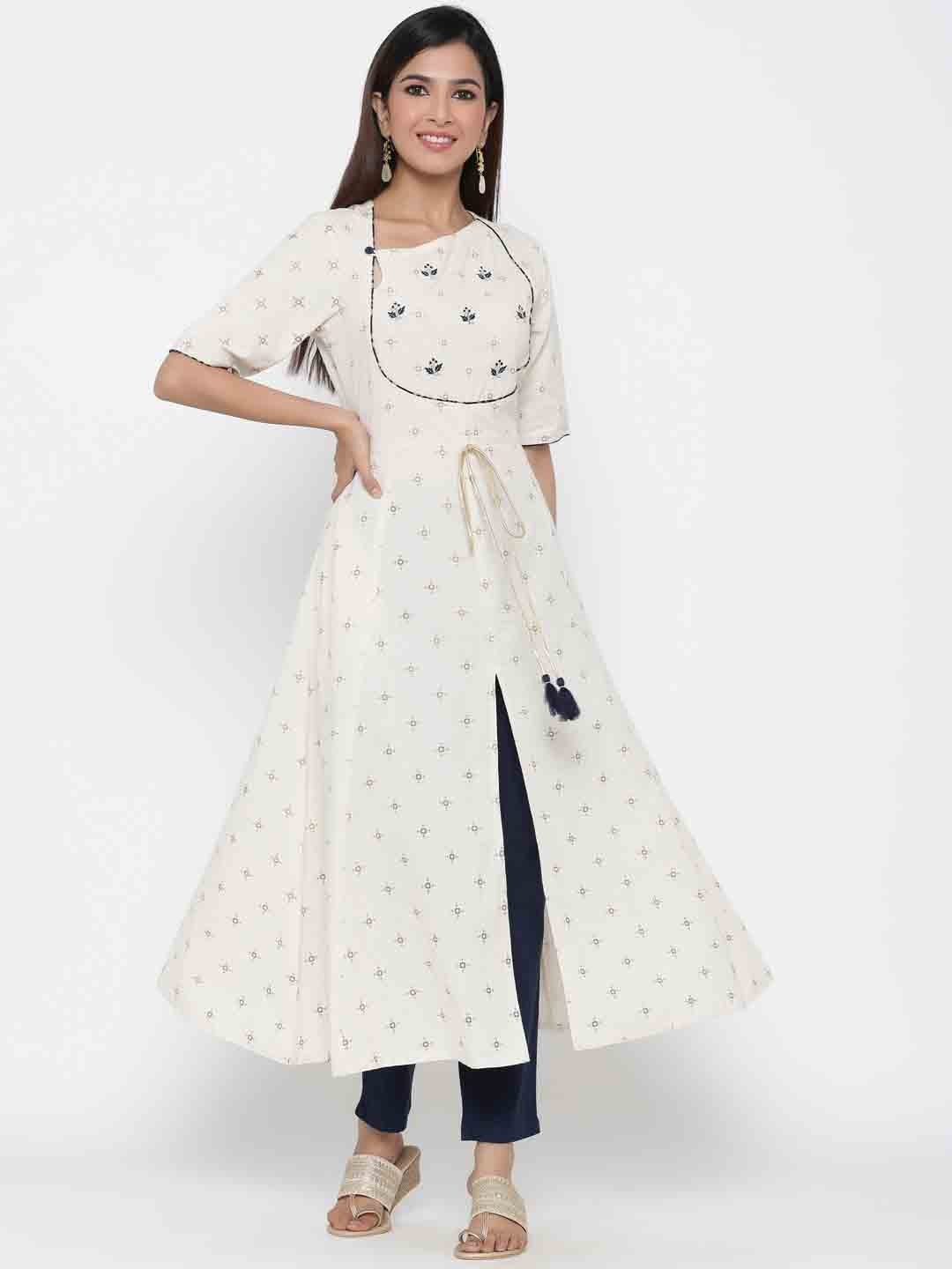 White Cotton Blend Golden Foil Print Kurti
