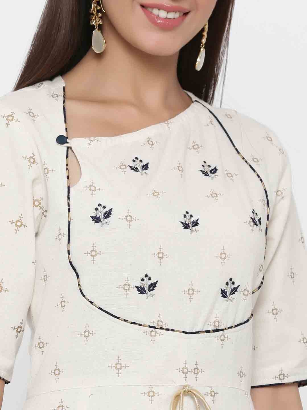 White Cotton Blend Golden Foil Print Kurti