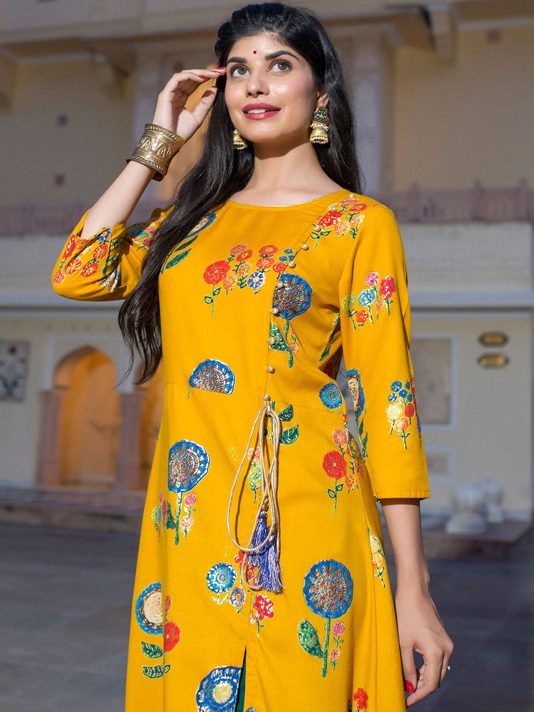 Yellow A-Line Asymmetric Printed Kurti