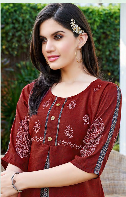 Burgundy and Grey Block Print Kurti