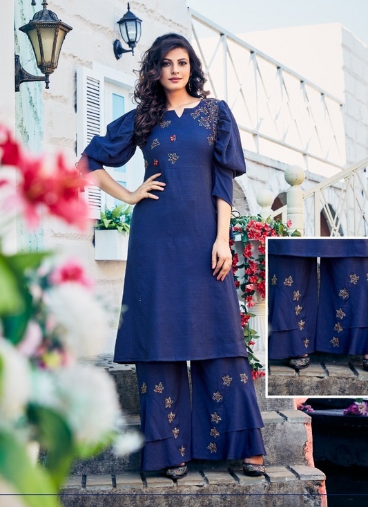 Navy Blue Stylish Viscose Kurta with Palazzo