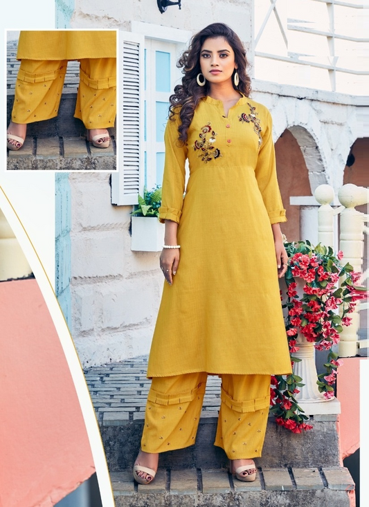 Yellow Stylish Viscose Kurta with Palazzo
