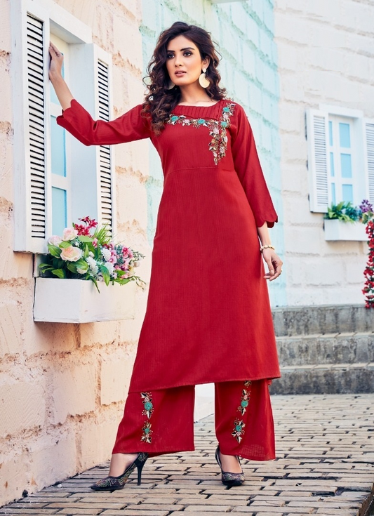 Red Stylish Viscose Kurta with Palazzo