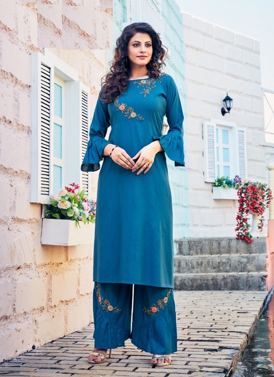 Teal Blue Stylish Viscose Kurta with Palazzo