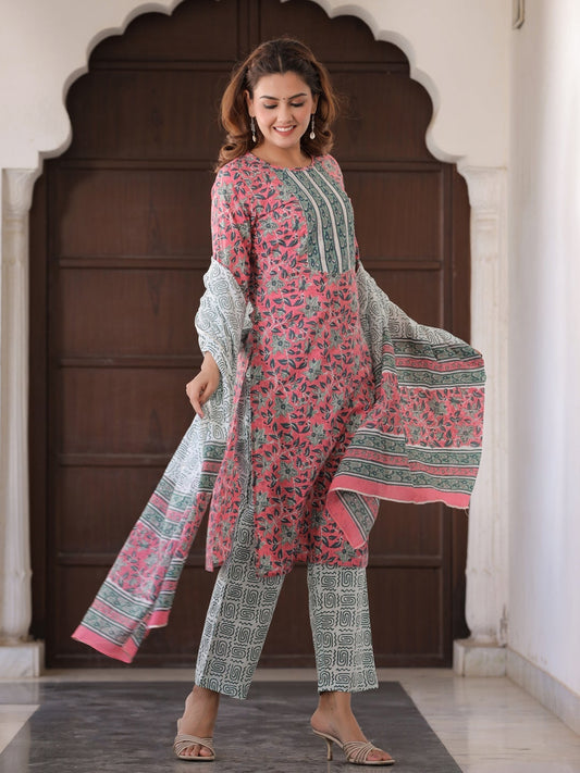 Pink and White Cotton Printed Kurti with Palazzo and Dupatta