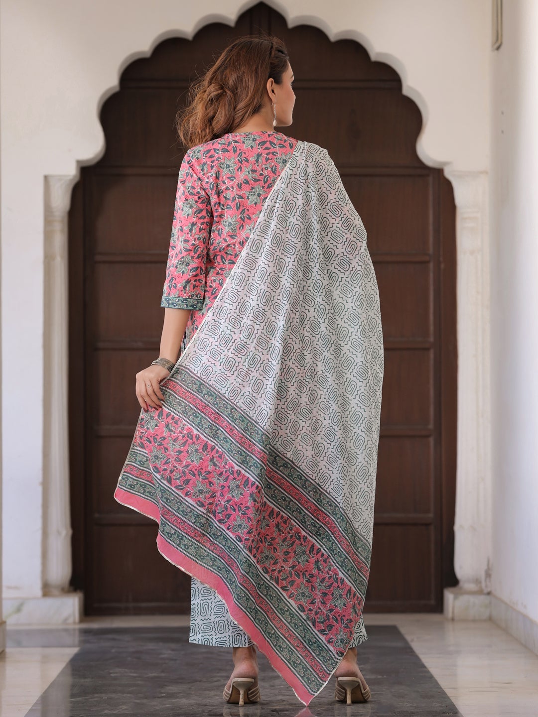 Pink and White Cotton Printed Kurti with Palazzo and Dupatta