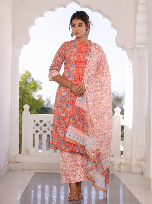 Orange and White Cotton Printed Kurti with Palazzo and Dupatta
