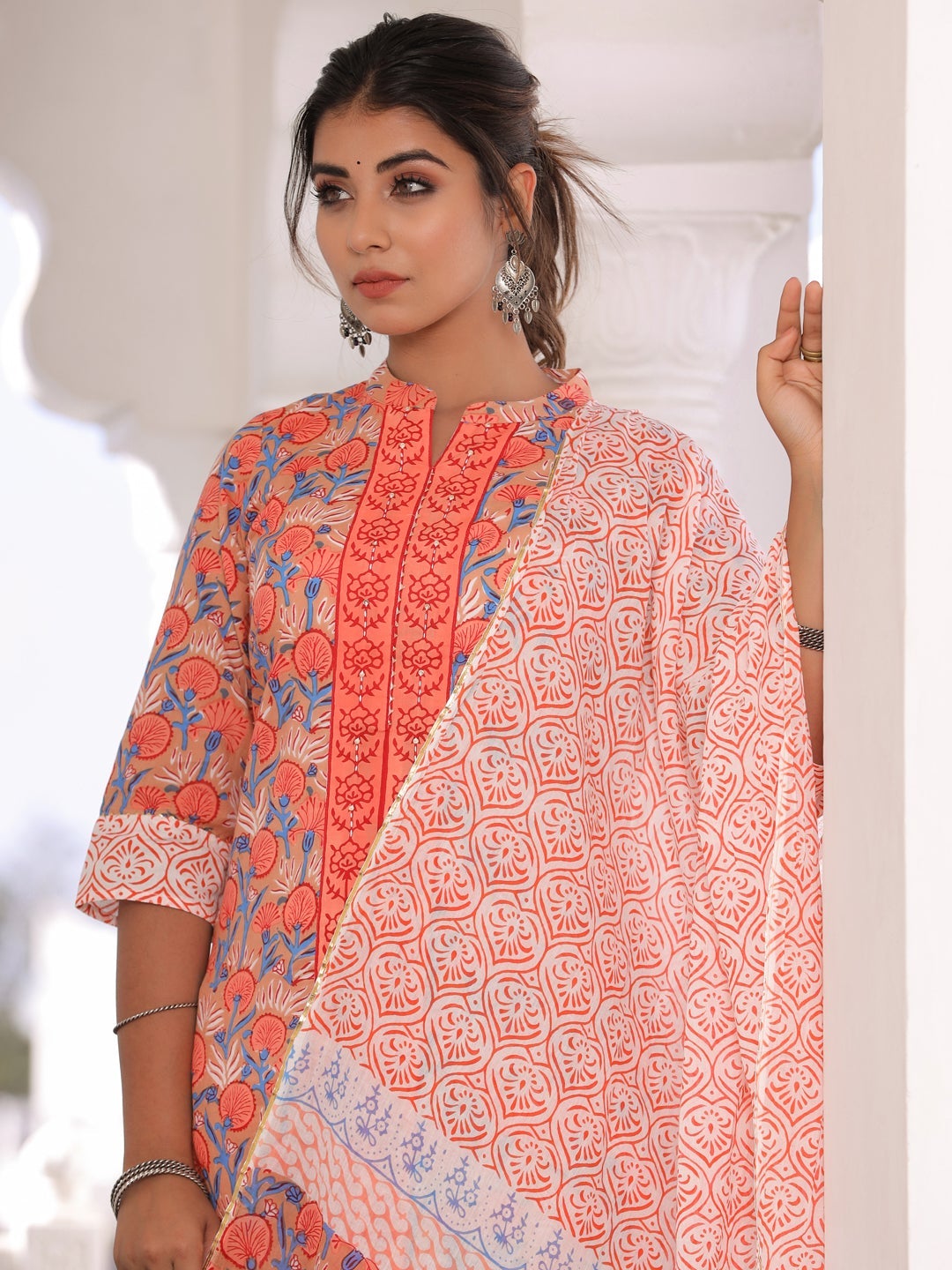 Orange and White Cotton Printed Kurti with Palazzo and Dupatta