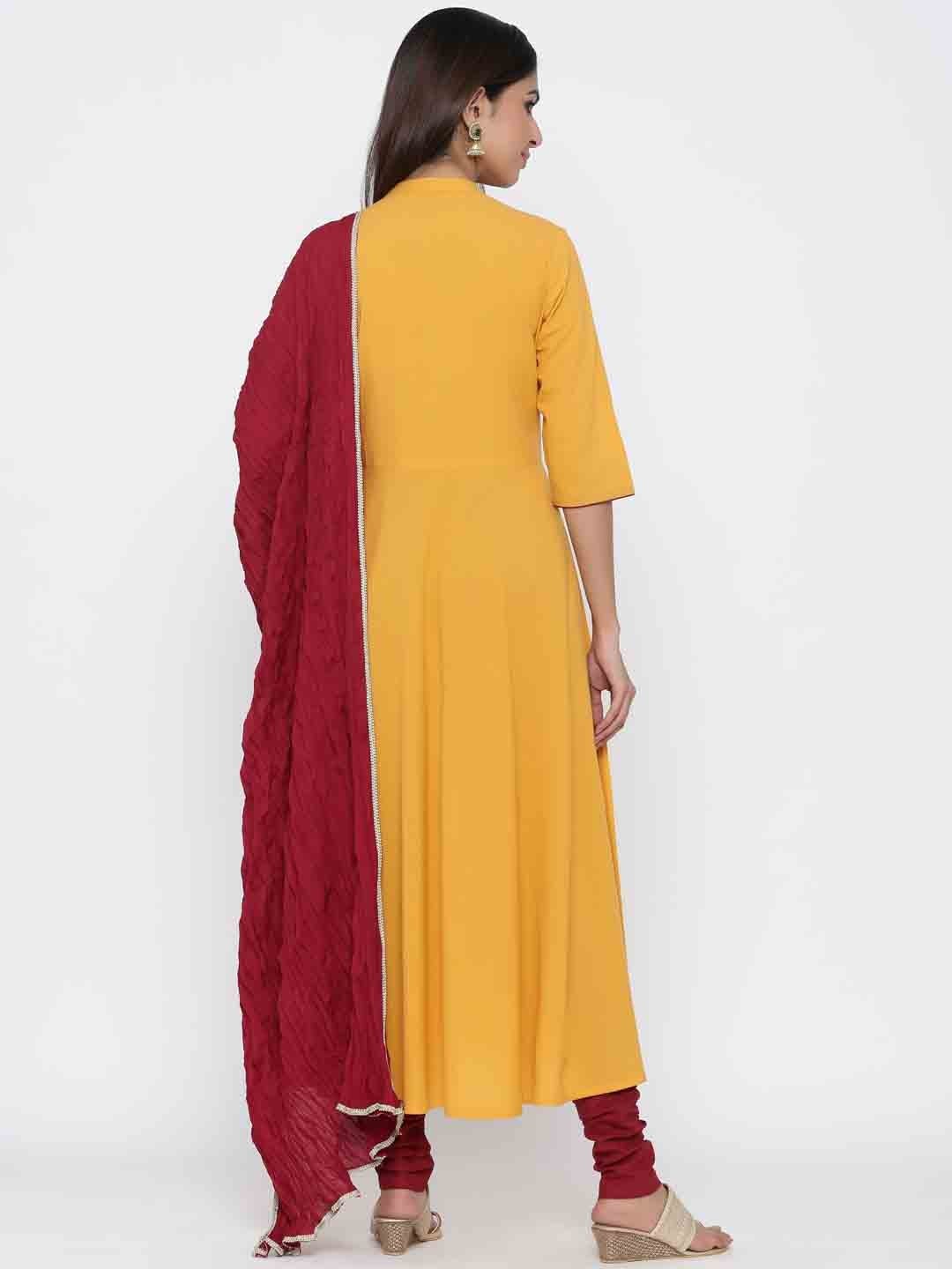 Mustard Yellow and Red Cotton Solid Kurti with Pant and Dupatta