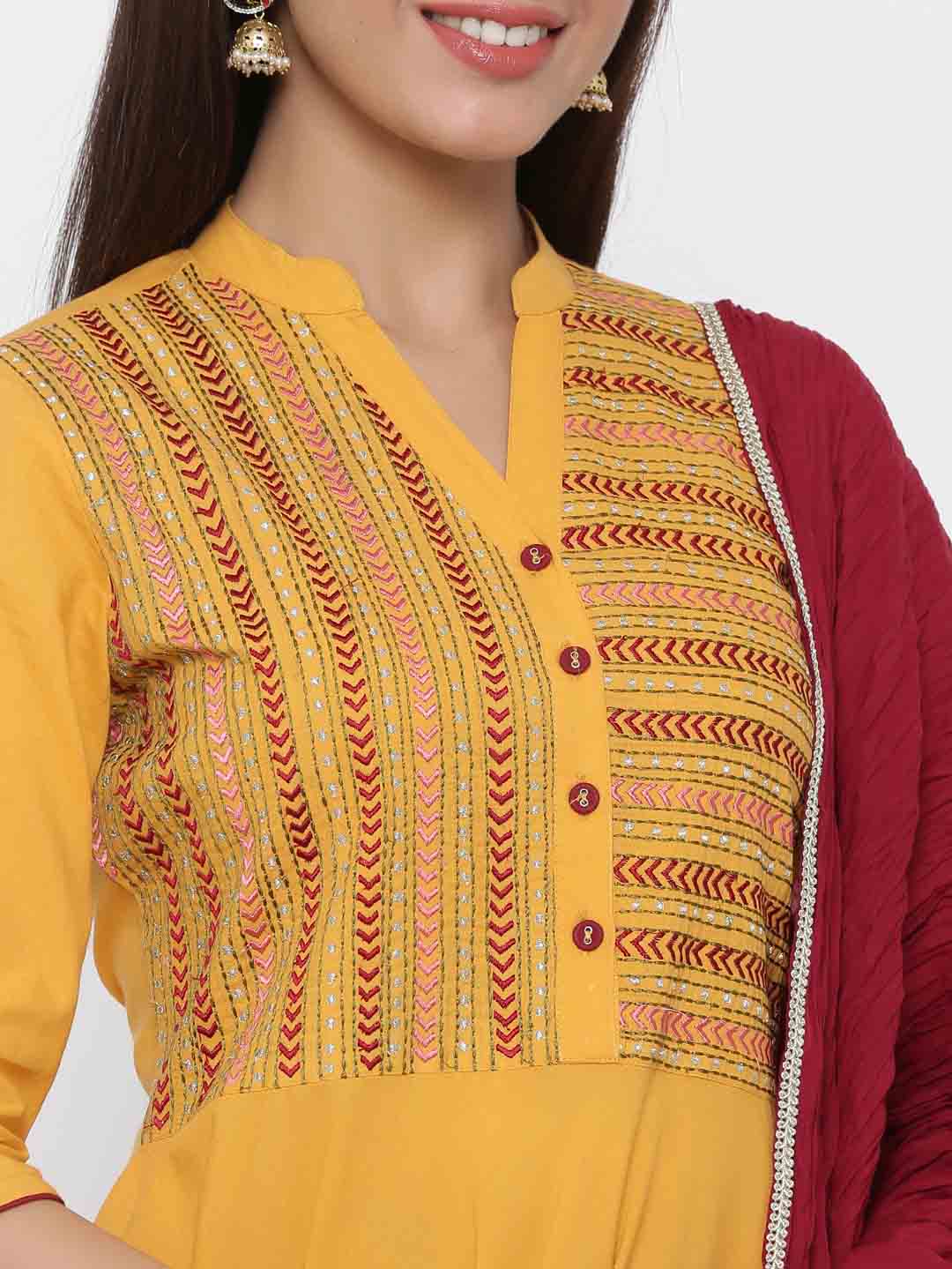 Mustard Yellow and Red Cotton Solid Kurti with Pant and Dupatta