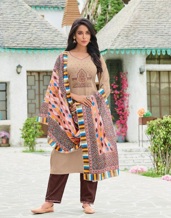 Tan Brown Embroidered Kurta with Bottom & Dupatta