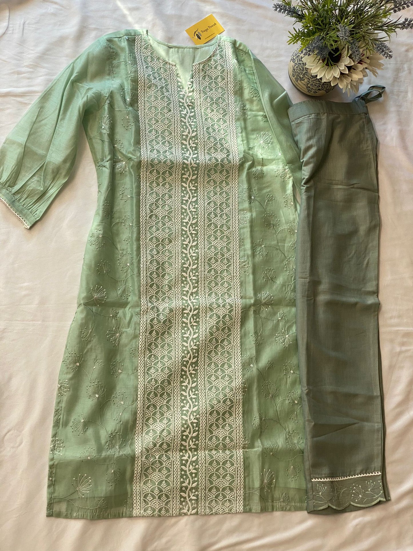Green Chanderi Cotton Kurta with lace work Pant