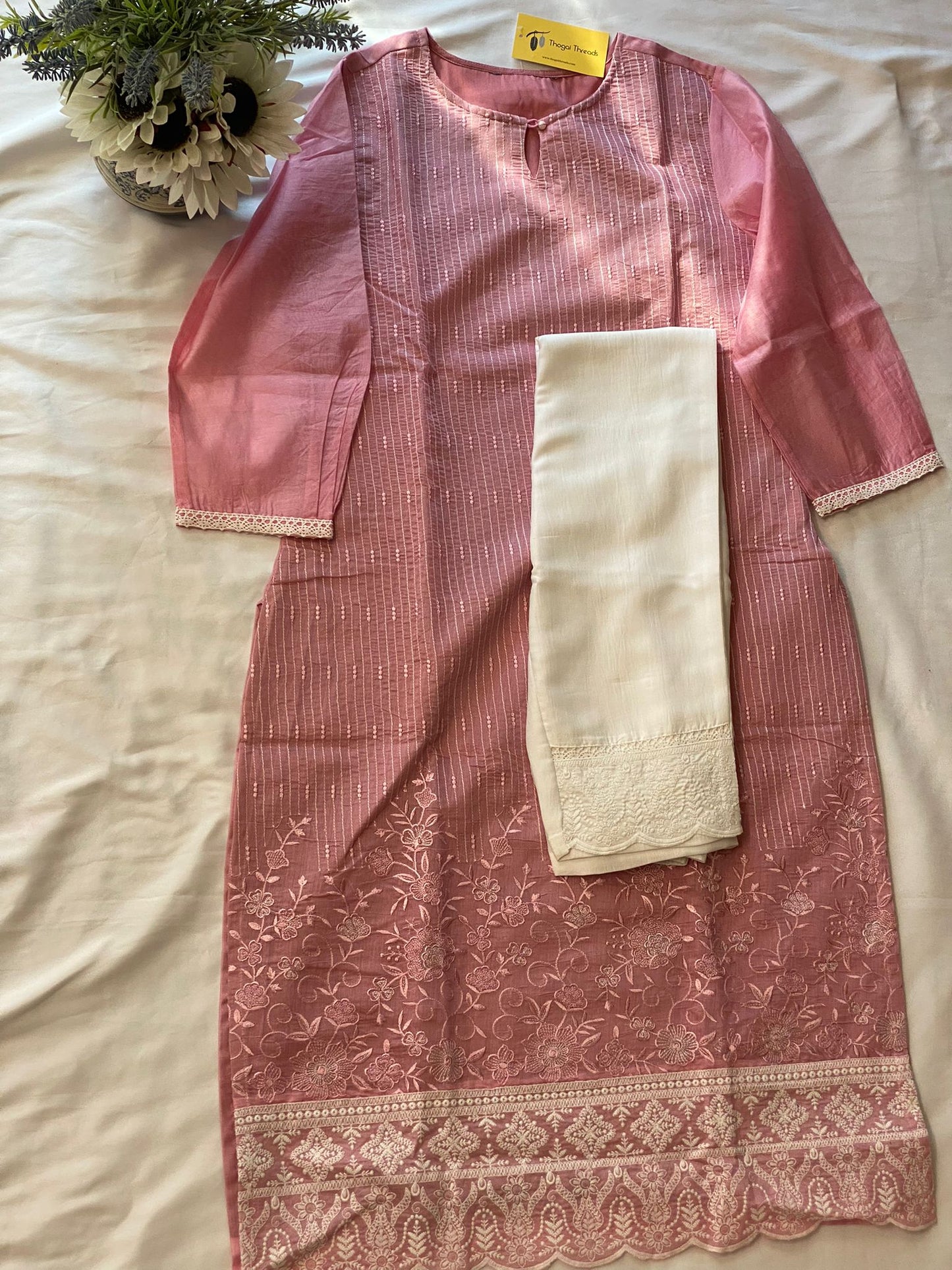 Pink Chanderi Cotton Kurta with lace work Pant