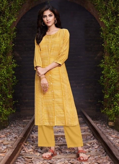 Yellow Cotton Striped Kurta with White Pant