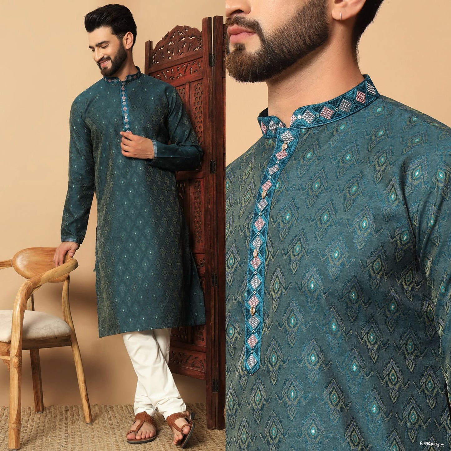 Men - Blue Jacquard Silk Kurta with Cotton Pajama