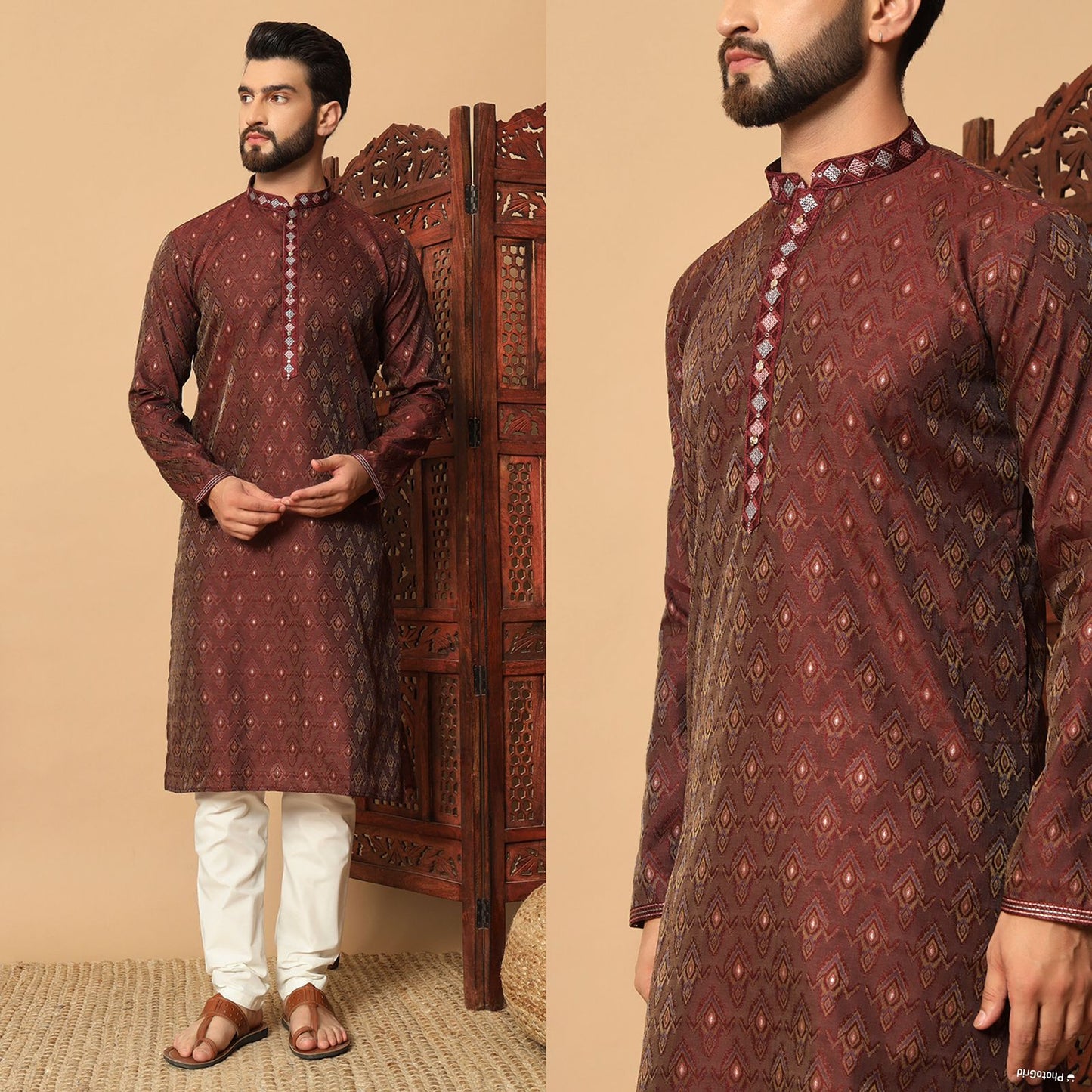 Men - Maroon Jacquard Silk Kurta with Cotton Pajama