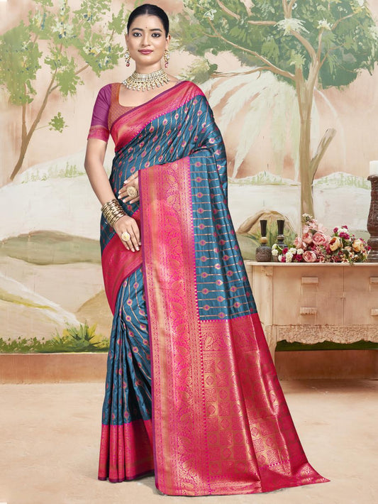 Blue and Pink Soft Silk Saree