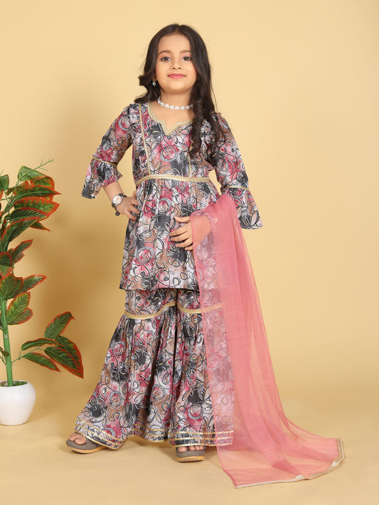 Girls - Grey and Pink Floral Print Sharara Suit