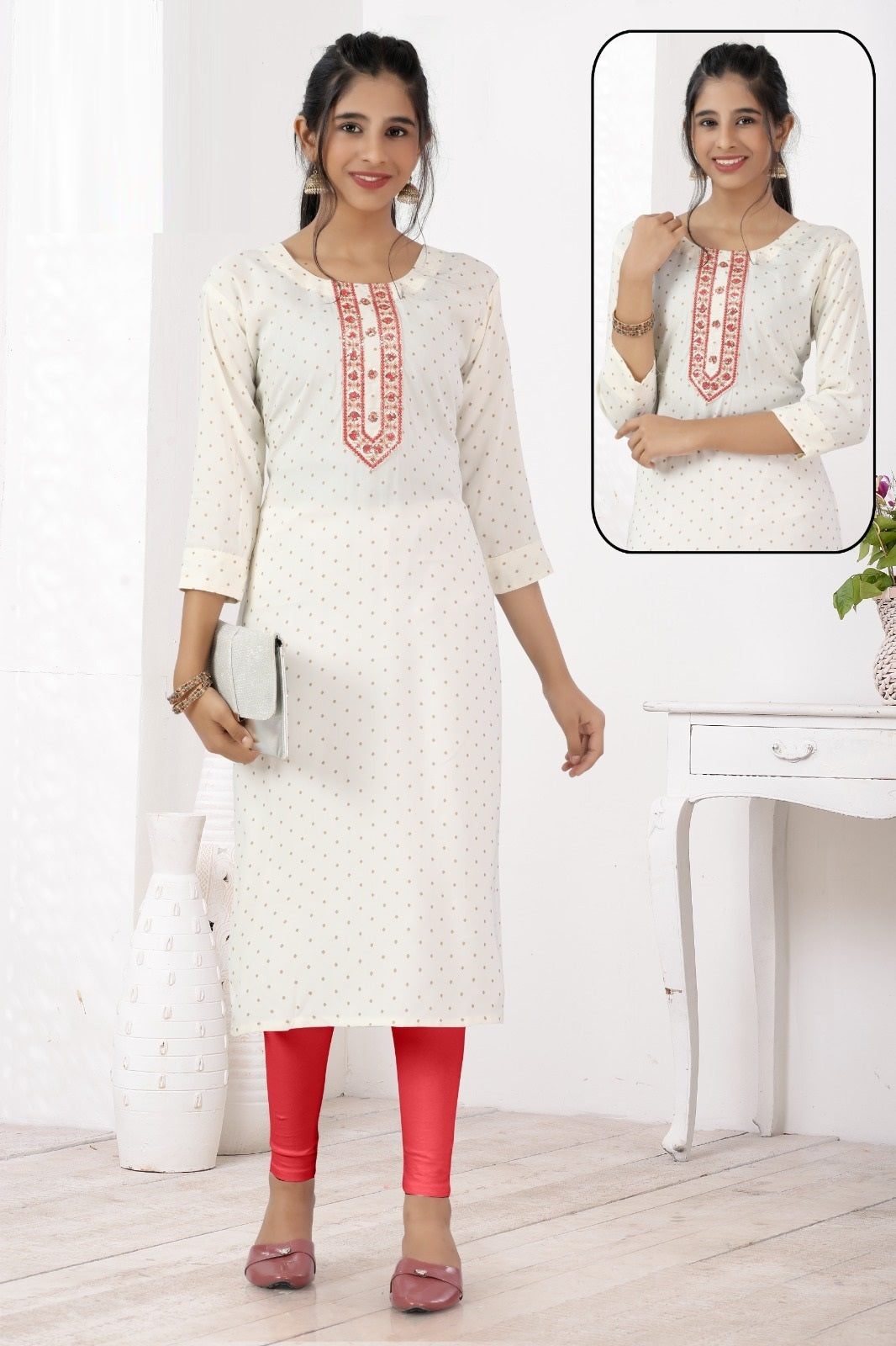 Big Girls/Petite - White Rayon Foil Print Straight Kurti