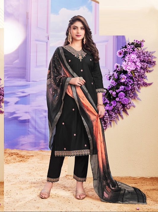 Black Roman Silk Kurta with Bottom and Dupatta