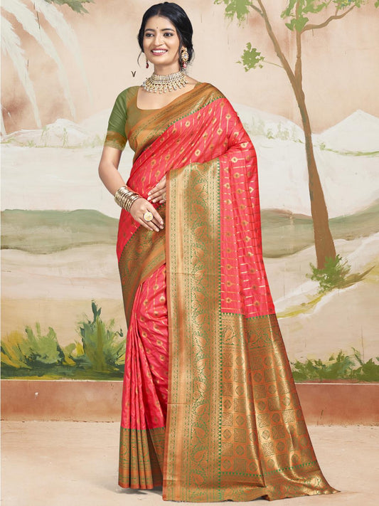 Coral Red and Green Soft Silk Saree