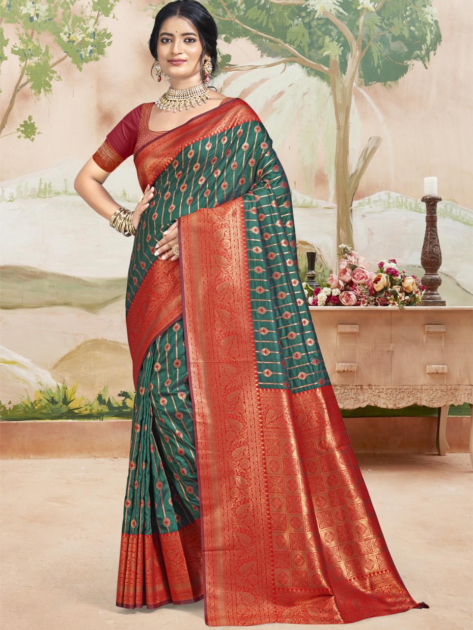 Dark Green and Red Soft Silk Saree