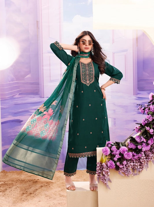 Green Roman Silk Kurta with Bottom and Dupatta