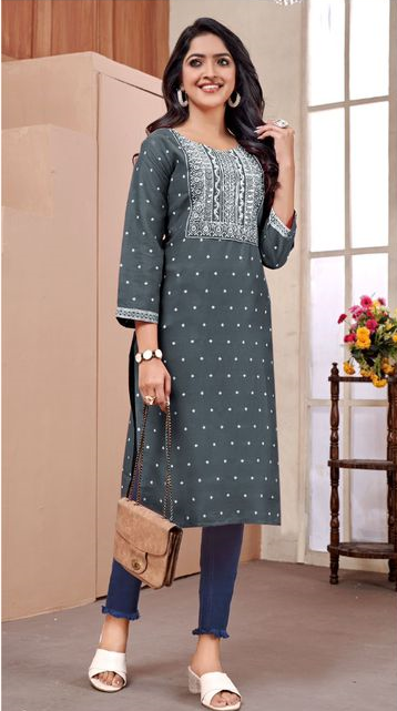 Plus - Grey Rayon Embroidery Kurti