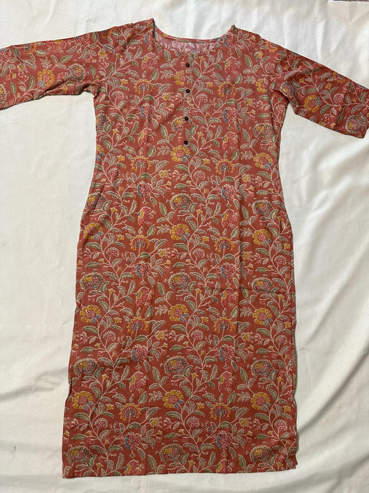 Light Berry Red Rayon Floral Printed Straight Kurti