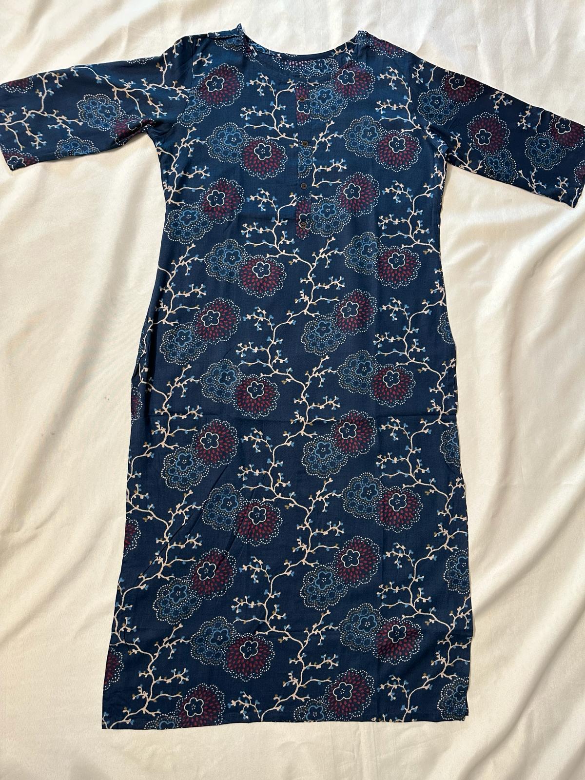 Blue Rayon Floral Printed Straight Kurti