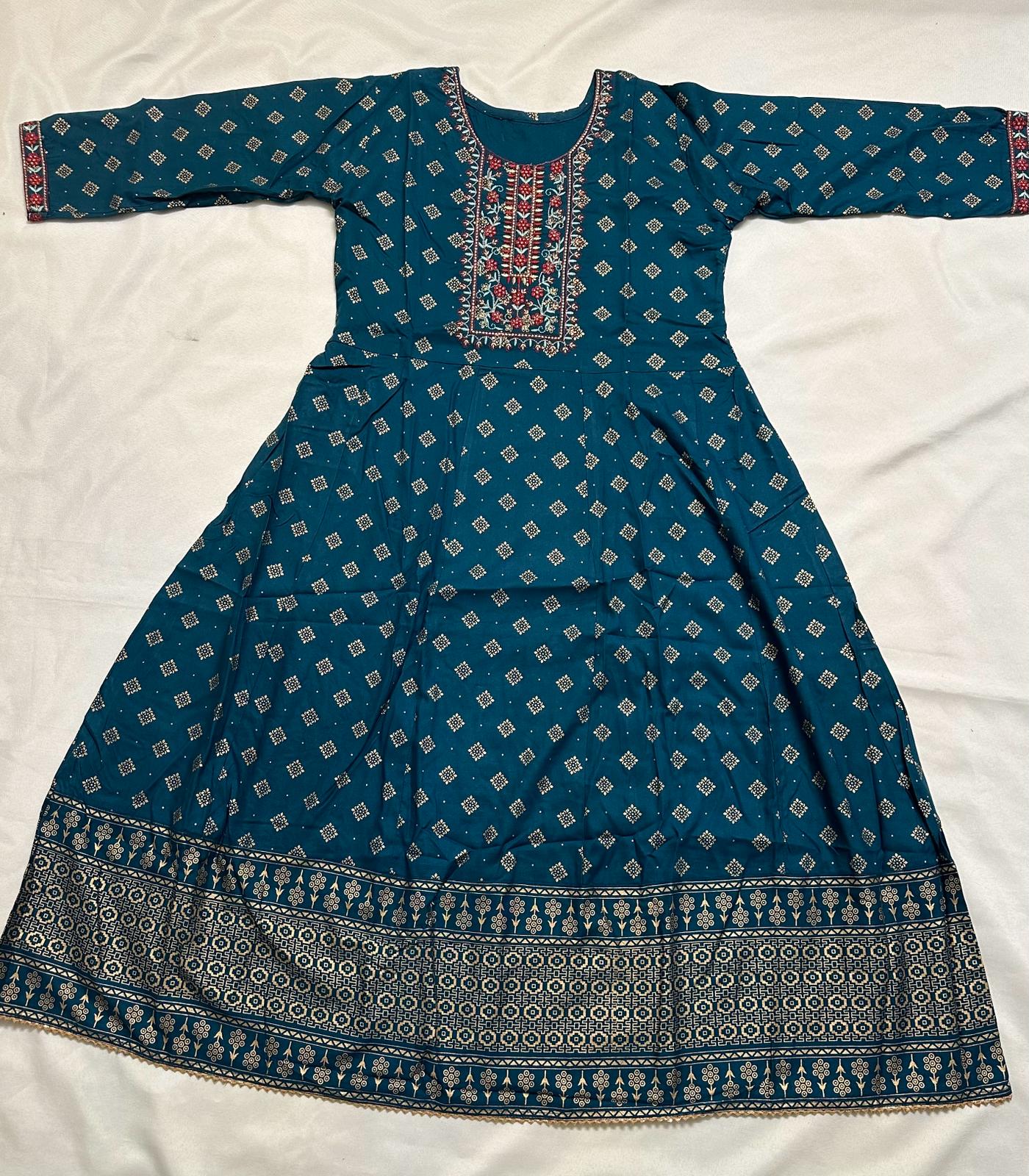 Teal Rayon Foil Print Anarkali Kurti