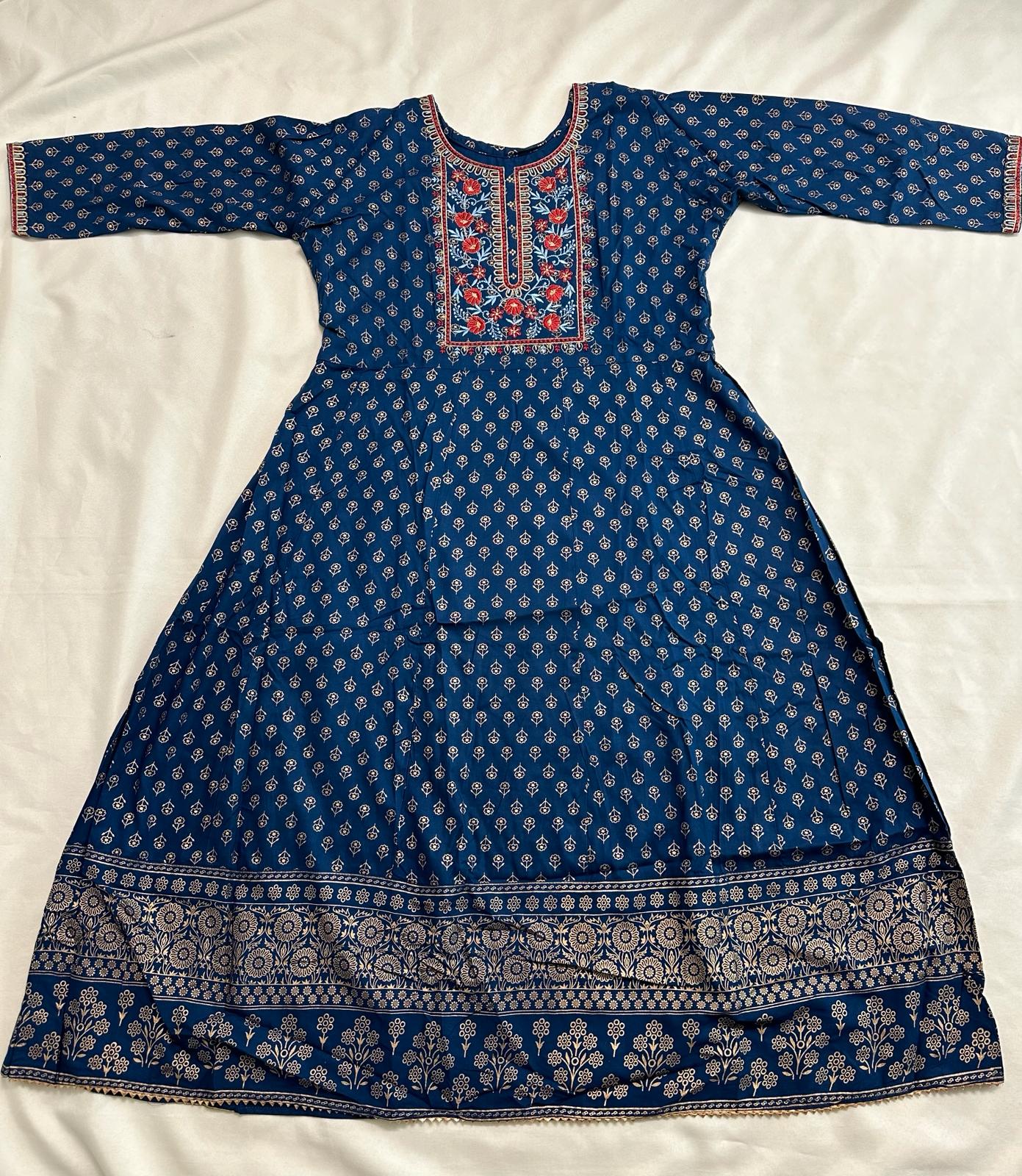 Blue Rayon Foil Print Anarkali Kurti