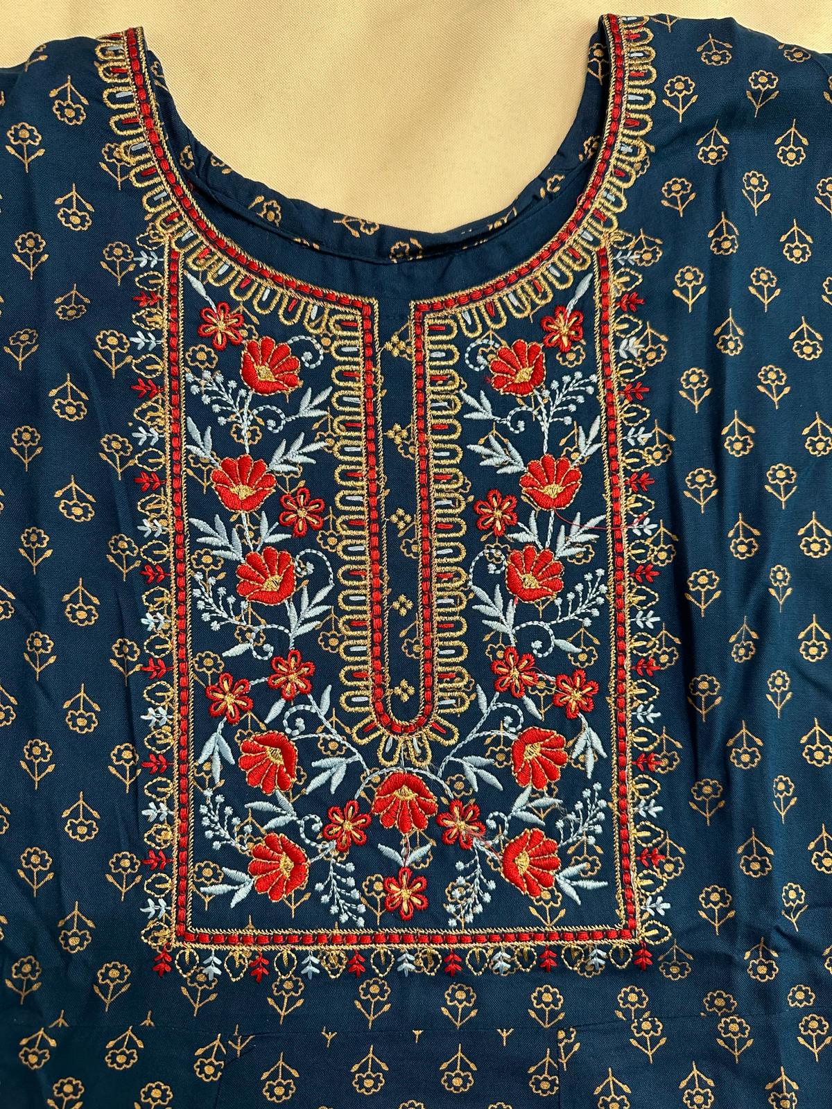 Blue Rayon Foil Print Anarkali Kurti