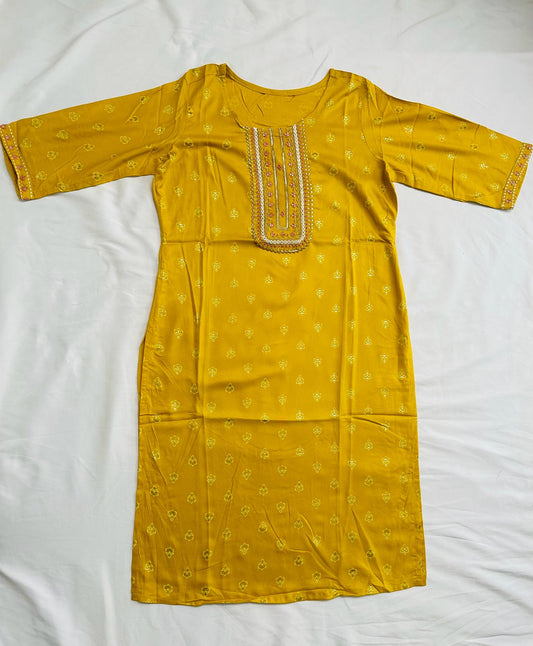 Yellow Rayon Golden Foil Printed Straight Kurti